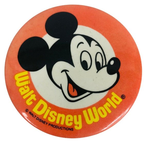 2 Walt Disney World Mickey Mouse & Minnie Pin Back Button 3.5" Orange Production - Picture 2 of 8